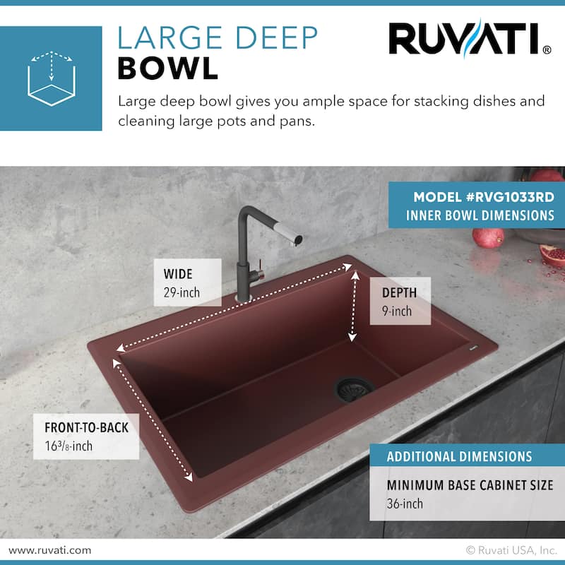 Ruvati 33 x 22 inch Granite Composite Drop-in Topmount Single Bowl Kitchen Sink - Carnelian Red -
