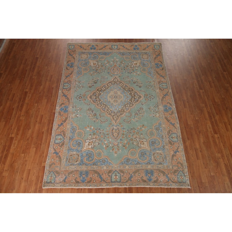Turquoise Green Tabriz Persian Vintage Area Rug Handmade Wool Carpet - 7'6" x 10'10"