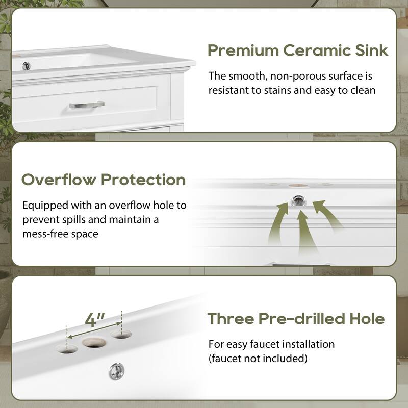 30-inch bathroom vanity with ceramic basin, soft close door and adjustable shelves