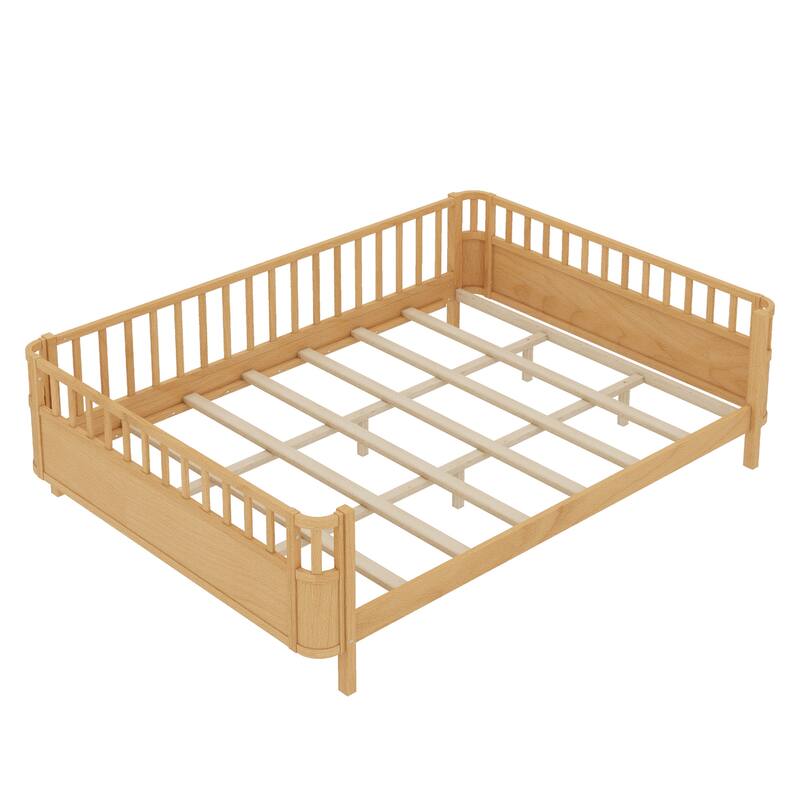 Multi Size Low Platform Bed for Kids with Rounded Corners Guardrails, Detachable Right-side Fence and Open Left-side Design