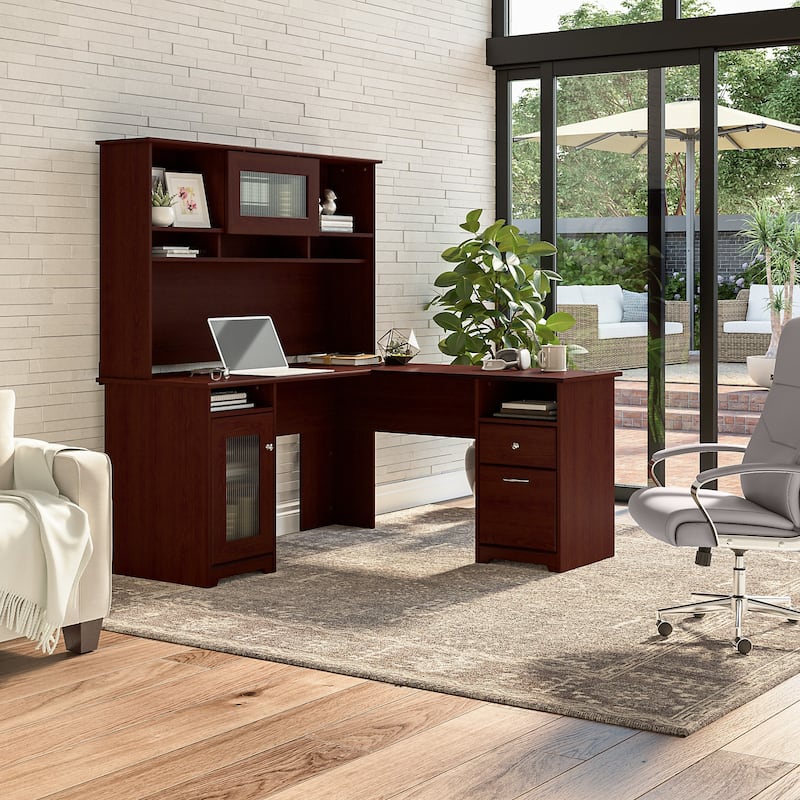 Cabot 60W L-Shaped Desk with Hutch and Storage by Bush Furniture - Harvest Cherry