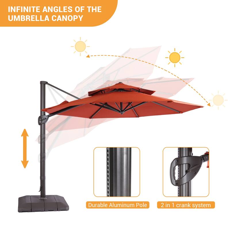 LIVOOSUN 11Ft Double Top Patio Hanging Octagon Cantilever Umbrella with 360-degree Rotating Canopy, Red