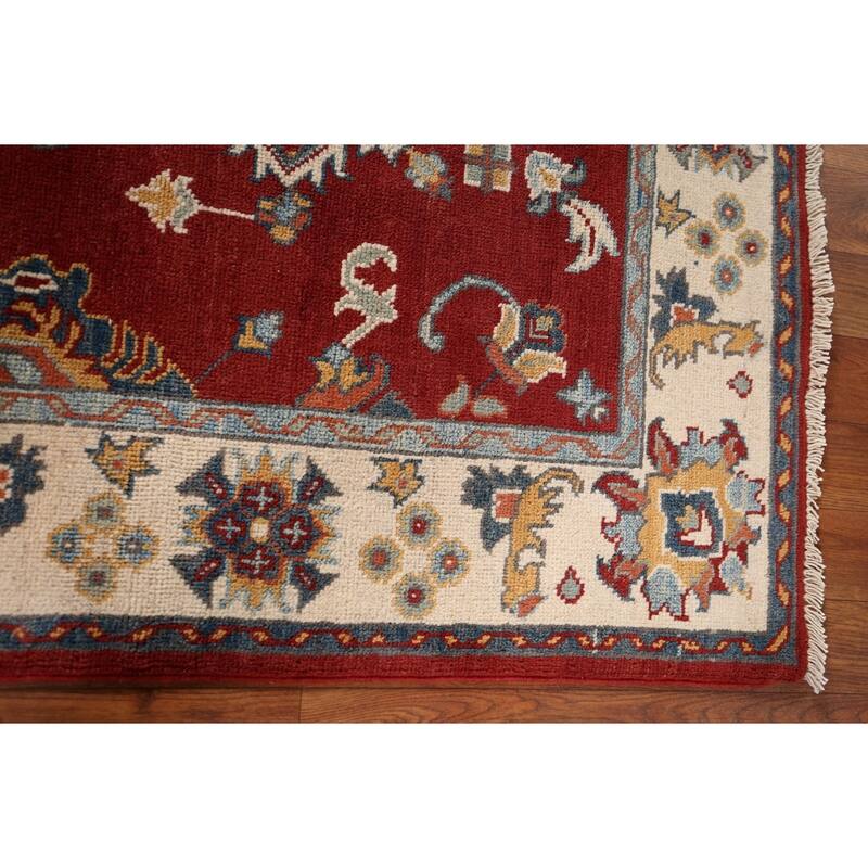 Red Geometric Kazak Foyer Rug Hand-Knotted Traditional Wool Carpet - 3'4" x 4'8"