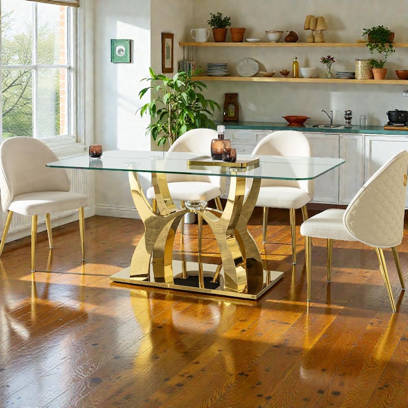 68.9 Inch Luxury Glass Dining Table for 6, Clear Tempered Glass Top with Gold Curved Base, Modern Design