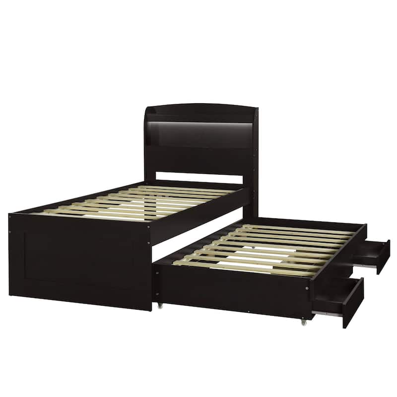 Twin XL Size Platform Bed with Charging Station, Twin Size Trundle