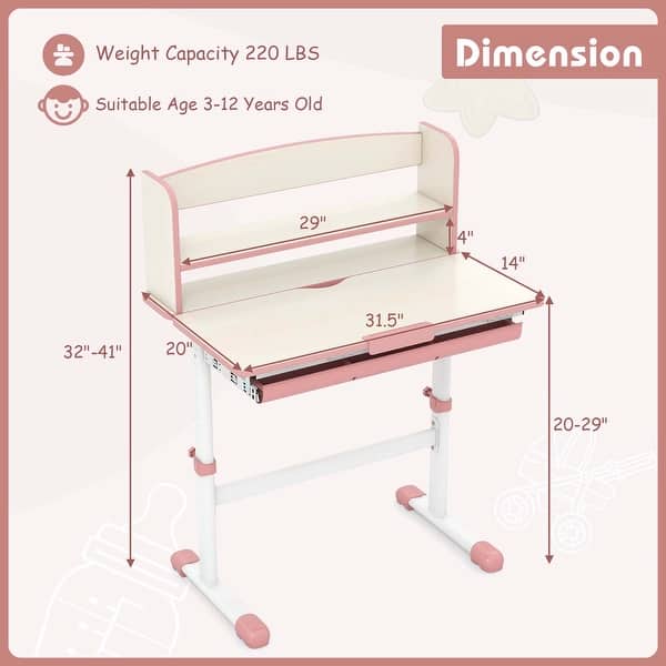 dimension image slide 2 of 3, Costway Kids Study Desk with 7-Level Tiltable Desktop Adjustable - See Details