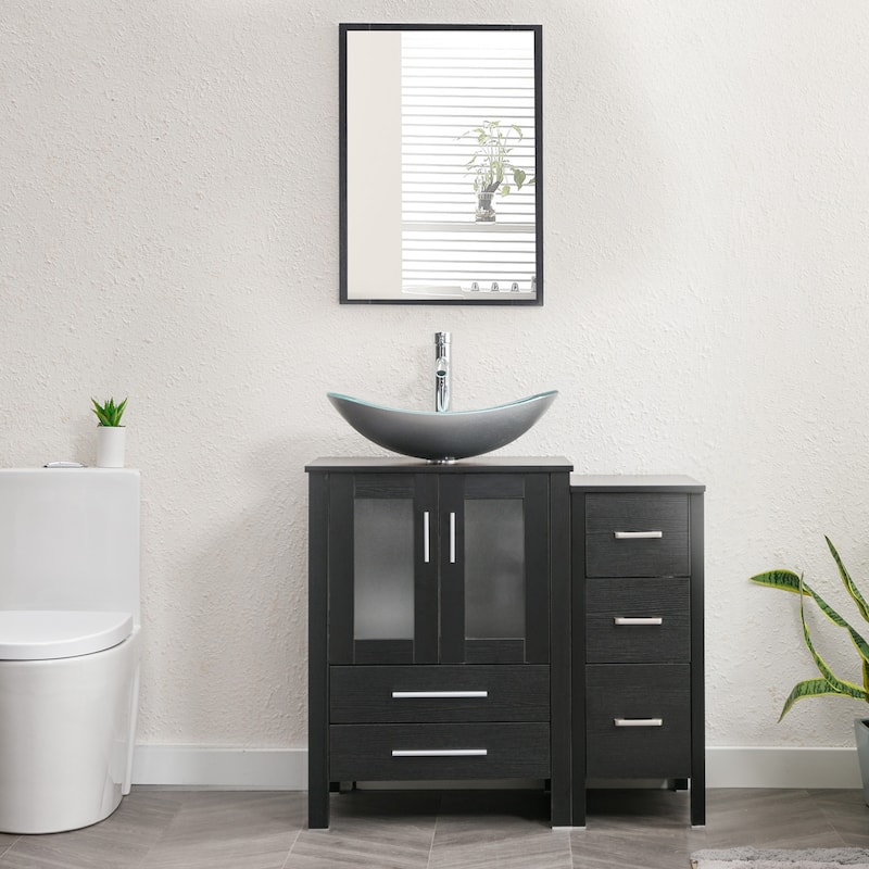 eclife 36" Bathroom Vanity Black Set with Side Cabinet Vessel Sink Faucet Combo