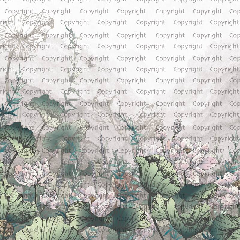 Tranquil Lotus Pond, Soft Botanical Wallpaper Mural - Green - W:204" x H:110"