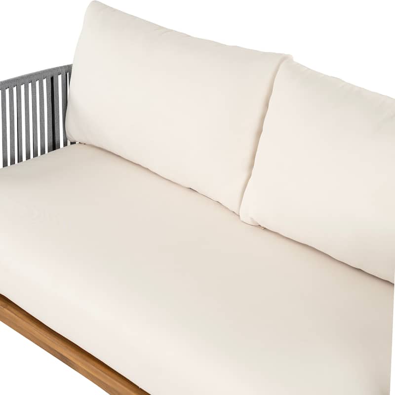 Roomfitters Outdoor Acacia Wood Rope Woven Loveseat with Coffee Table, Durable Frame and Cozy Cushions