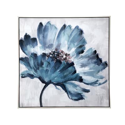 30 x 30 Embellished Handpainted Floral Canvas Wall Art, Blue and White