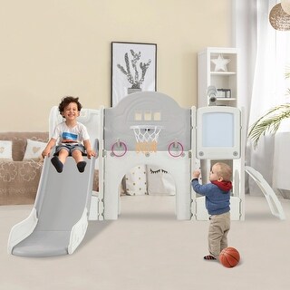 Versatile 9-in-1 Kids Slide Playset: Spaceship Design with Slide, Tunnel, Ring Toss, Whiteboard, and Basketball Hoop