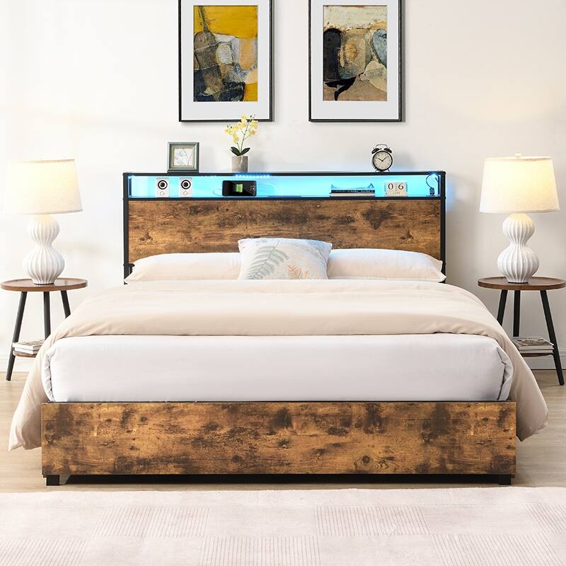 Smart Platform Bed Frame with Storage Drawers, LED Lights and Charging Station Headboard, No Box Spring Needed