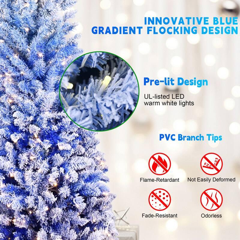 7ft Blue Gradient Flocked Pencil Christmas Tree With 300 Warm White Led Lights, 725 Tips,Metal Stand-Narrow Prelit Tree