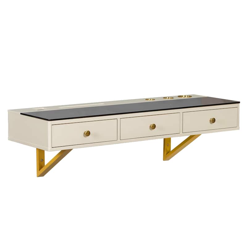 Floating Vanity Desk with Glass Top & Drawers, Wall Mounted Makeup Vanity Desk, Dressing Table with Tablet Holder
