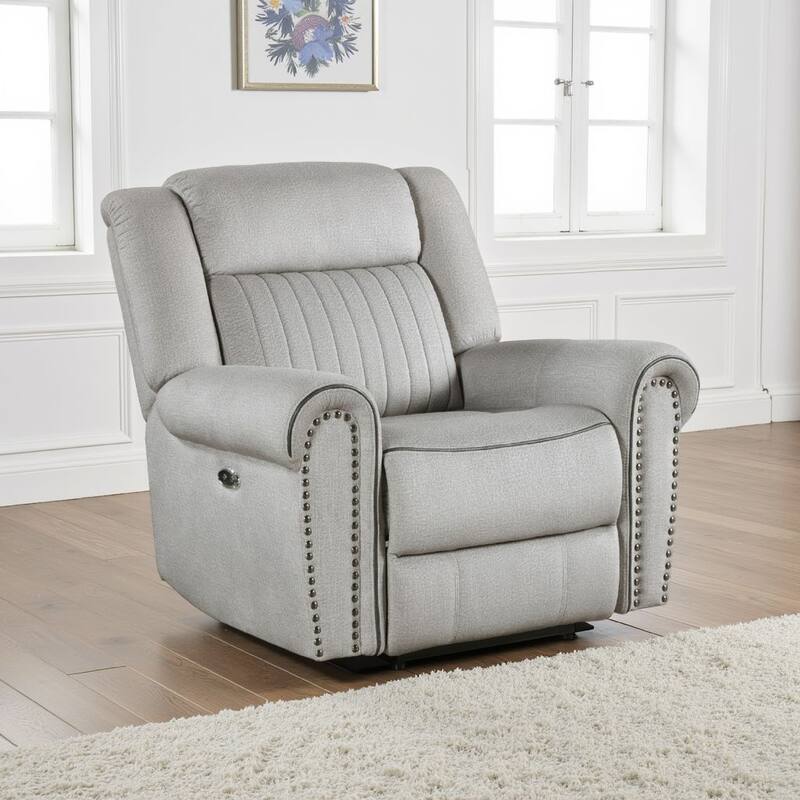 Ben Power Reclining Chair, 41 Inch, Gray Microfiber, Nailhead Trims