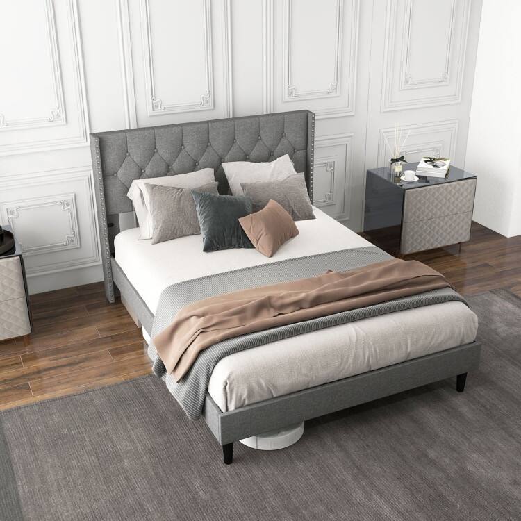 Full/Queen Size Upholstered Platform Bed with Button Tufted Headboard