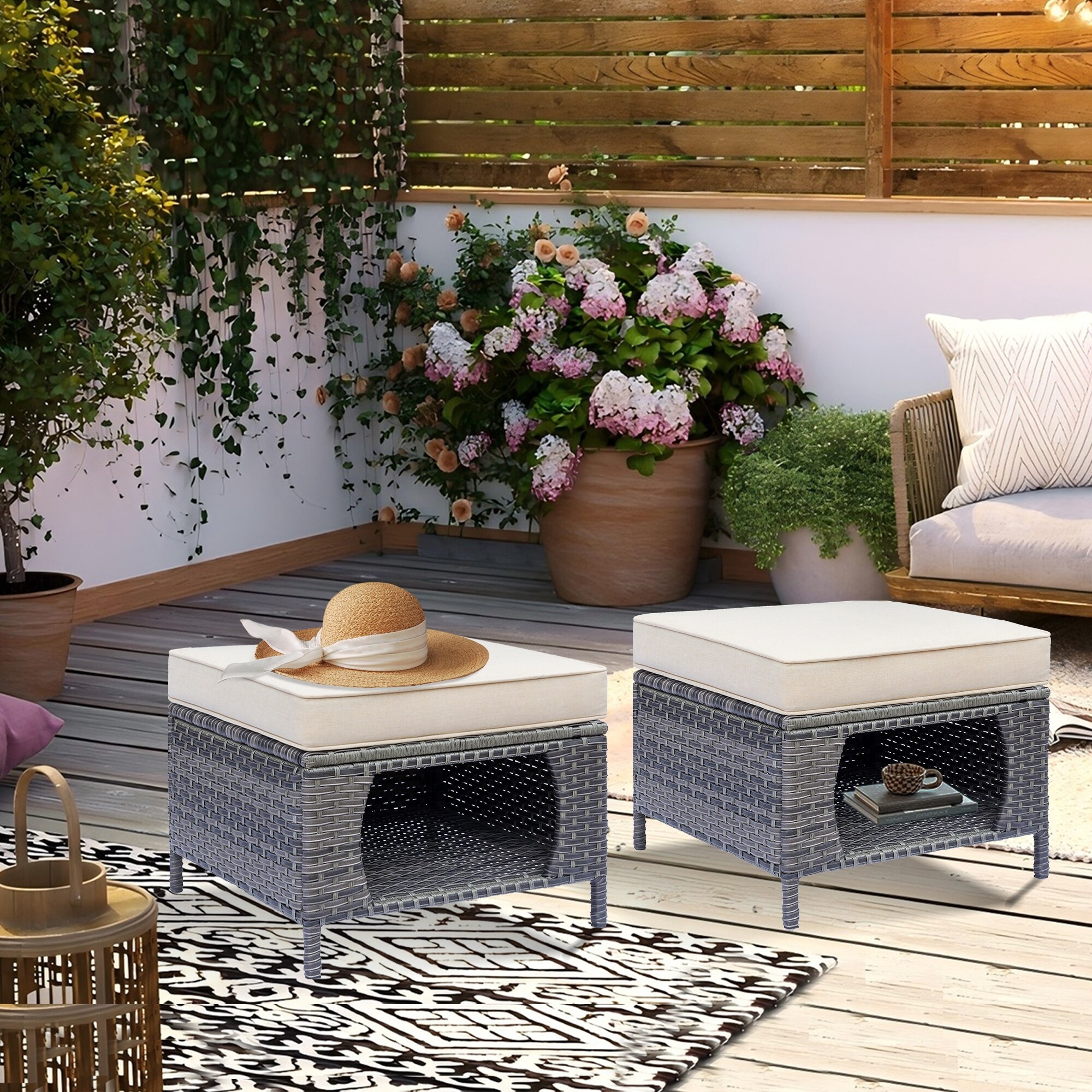 Outdoor Cushioned Rattan Wicker Ottoman with Storage (Set of 2