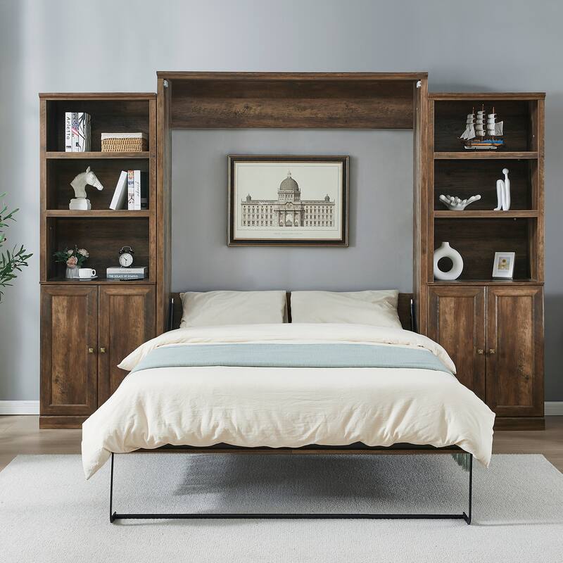 Half Self-Close and Open Murphy Bed with 2 Side Cabinet Storage Shelf