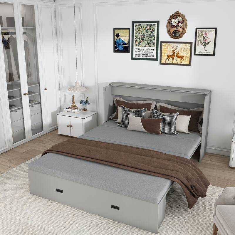 Full Size Foldable Murphy Bed Cabinet with Storage and Charging - Grey - Full