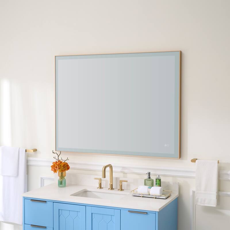Wall Mounted Bathroom Framed LED Mirror With Dimmable Light Touch Sensor And Memory Function, Anti- Fog - 36"H x 48'' W - Gold
