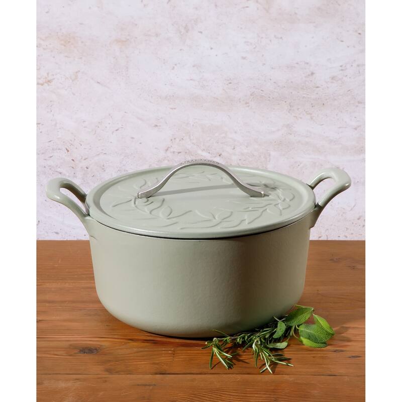 Bloomhouse 7 Qt Cast Iron Dutch Oven W/ Embossed Lid, European Matte Enamel, & Olive Wood Trivet