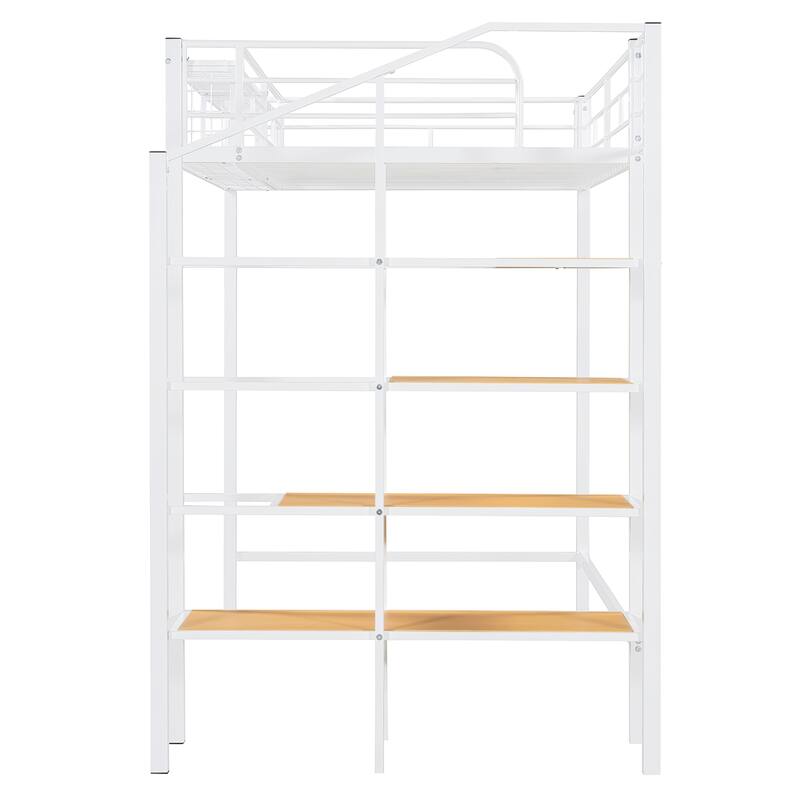 Twin Size Metal Loft Bed with Upper Storage Shelf and Lateral Ladder, White