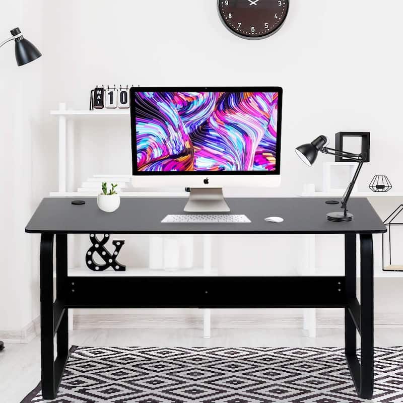 Modern Black Meatal Computer Office Desk Personal With Storage shelves