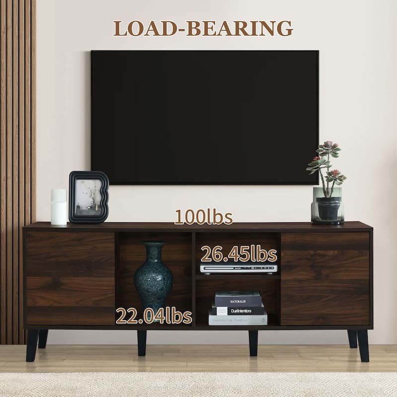 Mid-Century Entertainment Center TV Stand with 2 Cabinets & 3 Open Storage Compartments, Media Console Table for TVs up to 70''