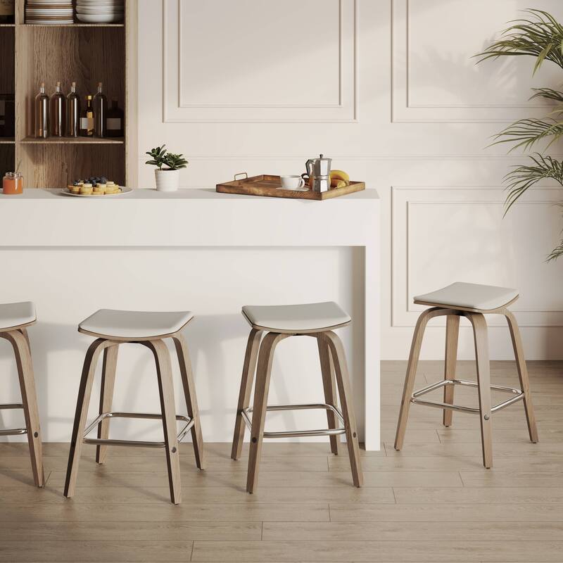 Leather Counter Stool Swivel Square Seat Poplar Wood Frame Iron Foot Rest