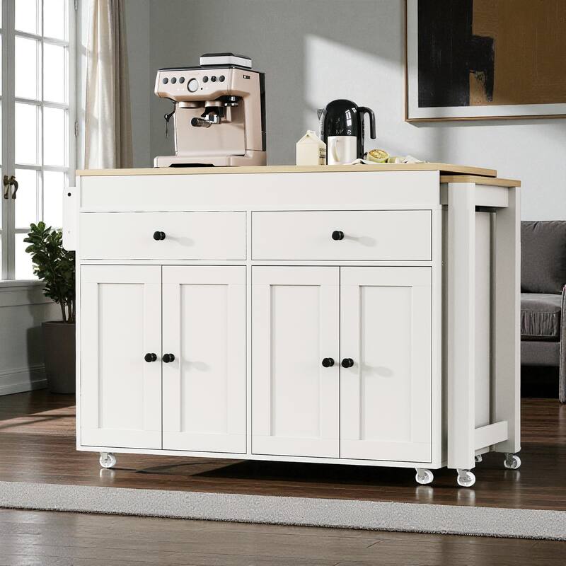 74.5" Extendable Kitchen Island with Dining Table, Rolling Storage Cart with 4 Doors, 2 Drawers, and Spice Rack