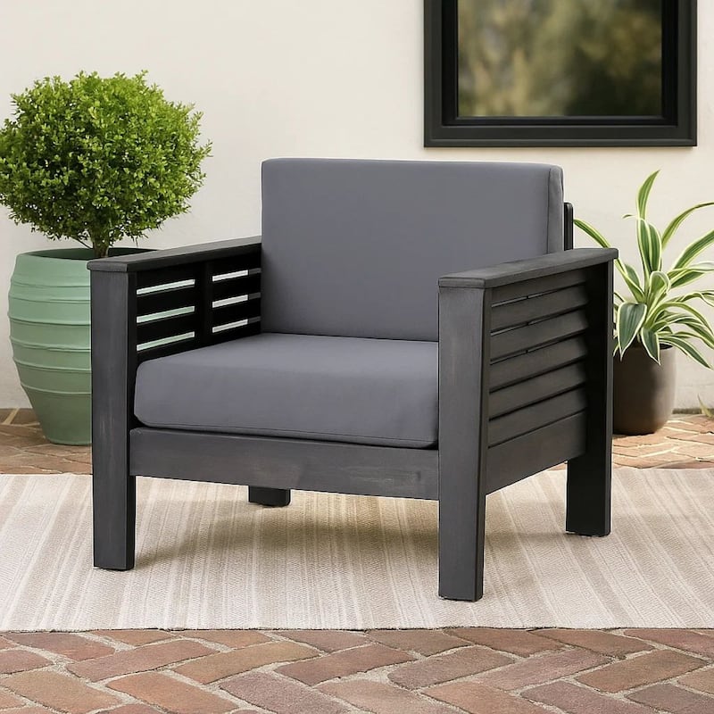 Quim Outdoor Club Chair, Shutter Slat Panel, Gray Acacia Wood, Gray Fabric