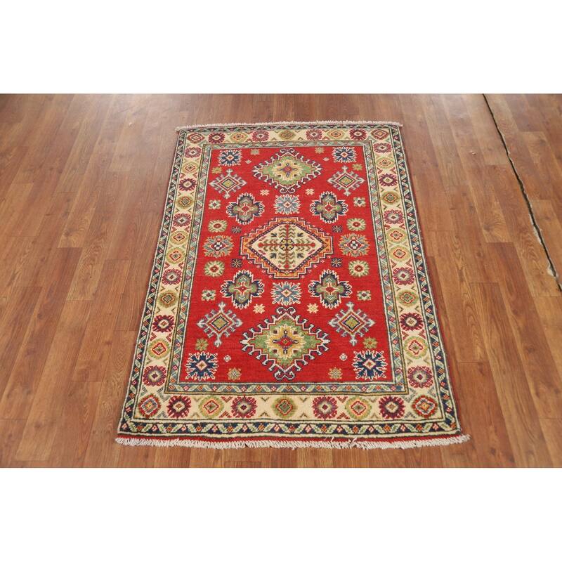 Red Kazak Foyer Rug Traditional Handmade Geometric Wool Carpet - 2'8"x 3'11"