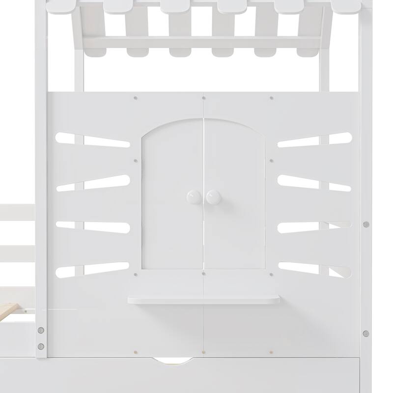 Twin Size House Bed Wood Kids Bed Frame with 2 Storage Drawers, Window and Guardrails for Bedroom, Easy Assembly