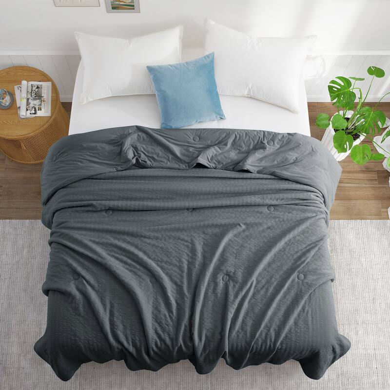 Lightweight Cooling Reversible Bed Blanket, Breathable Seersucker Comforter for Hot Sleepers