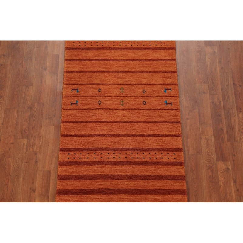 Striped Orange Gabbeh Oriental Runner Rug Hand-Knotted Wool Carpet - 2'7" x 13'0"