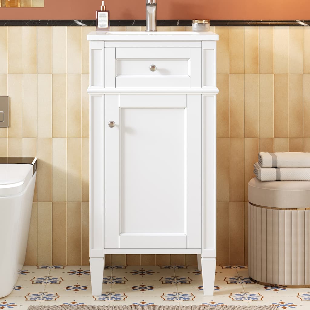 16" Bathroom Vanity with Ceramic Sink, Freestanding Single Vanity Set with Soft Closing Door, Adjustable Shelf, French Style