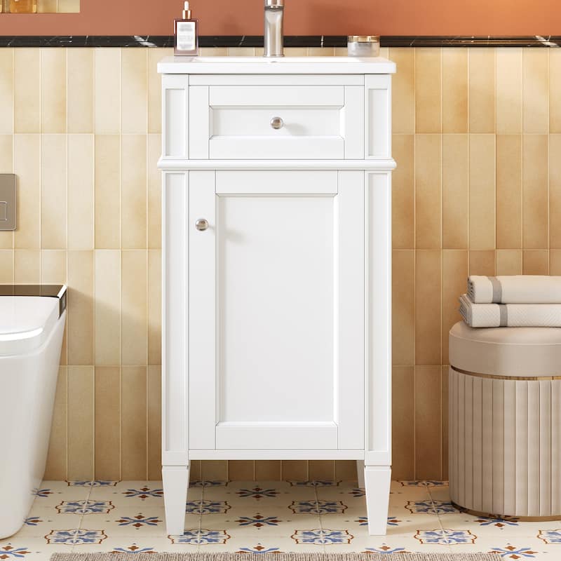 16" Bathroom Vanity with Ceramic Sink, Freestanding Single Vanity Set with Soft Closing Door, Adjustable Shelf, French Style - White