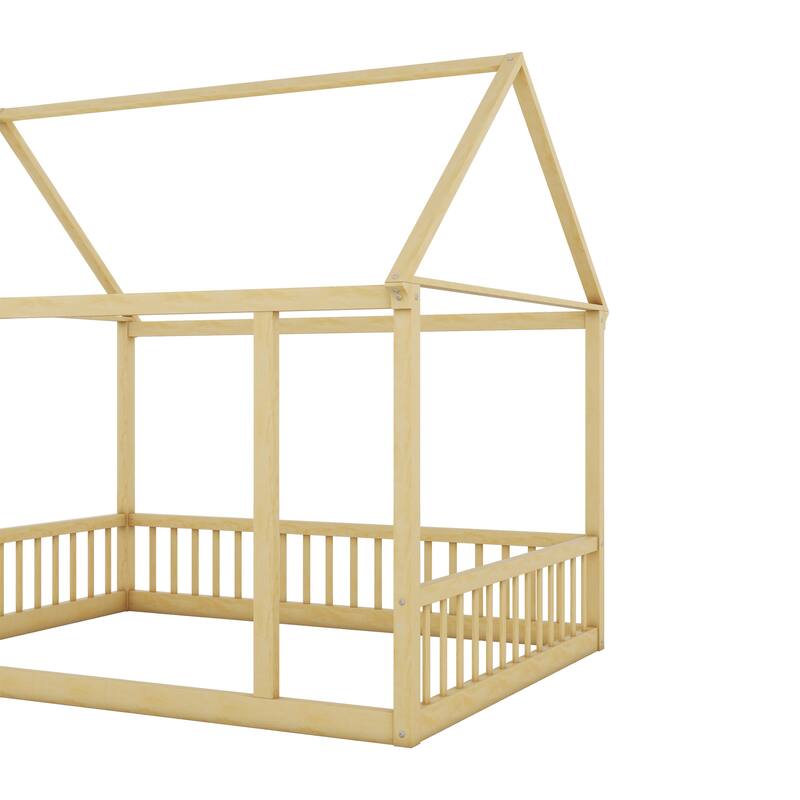 Full Size Pine Wood Floor Bed with House Roof & Guardrails