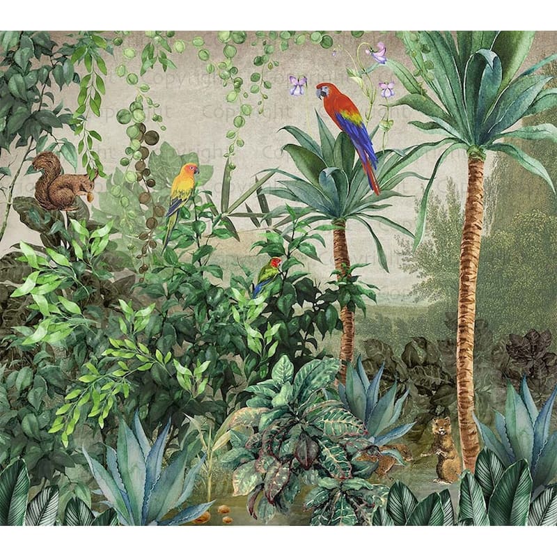 Enchanted Jungle Wallpaper Mural Tropical Birds and Foliage - Green - W:122" x H:110"