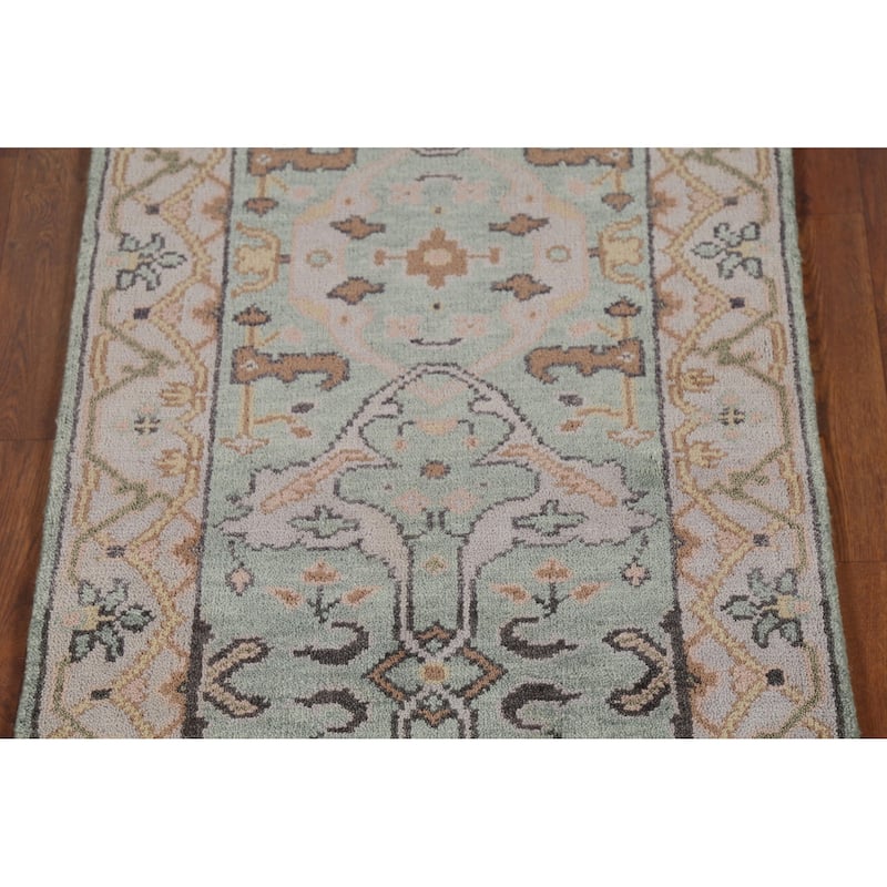 Green Oushak Oriental Runner Rug Hand-Knotted Wool Carpet - 2'6"x 8'0"