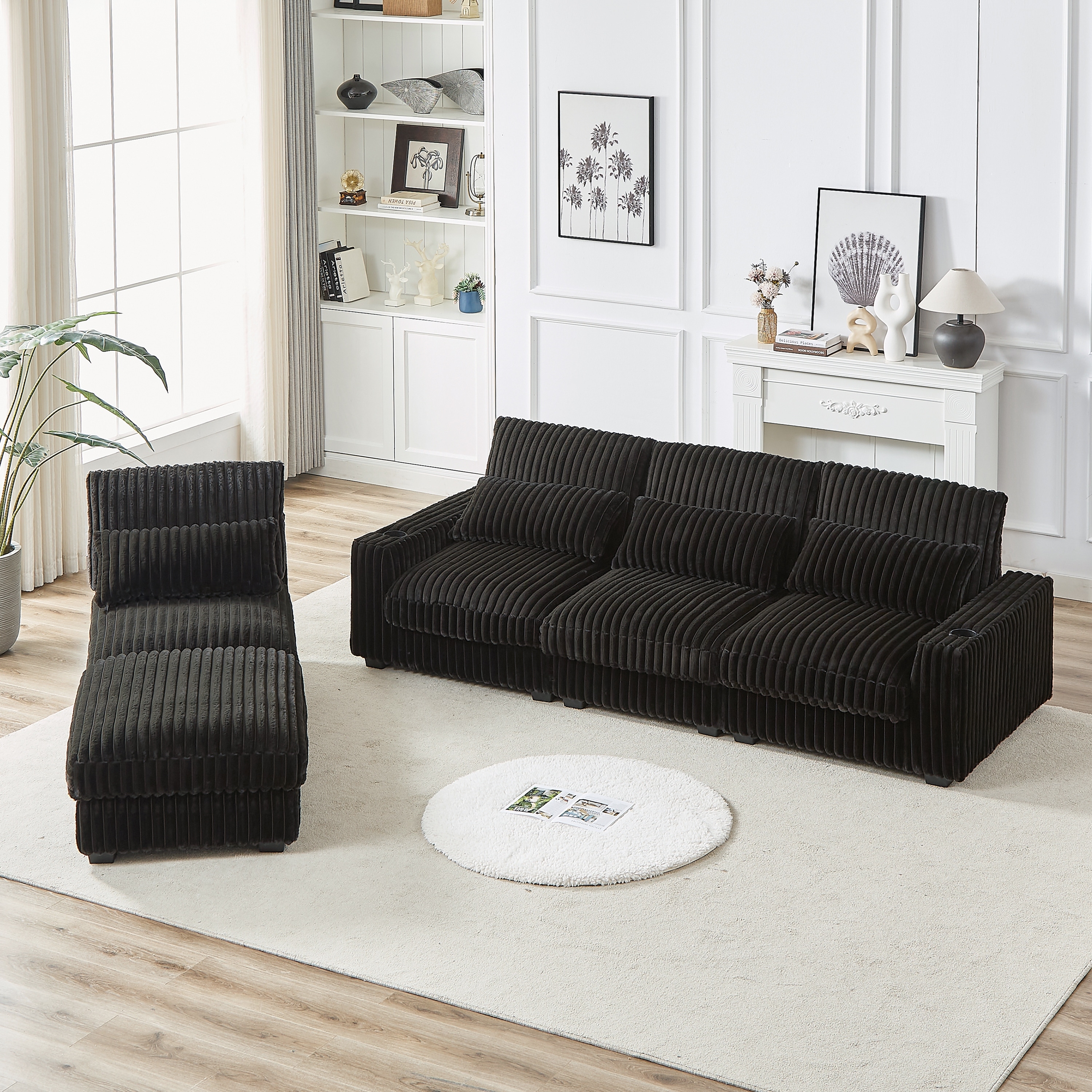 Black Corduroy Modular Sectional Sofa with Chaise, USB and Cup
