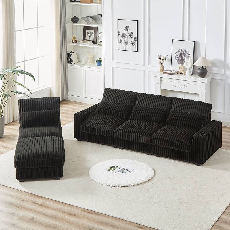 L-Shaped Modular Sectional Sofa with Ottoman, Oversized Corduroy Upholstered Sofa, 4-Seater Sofa with Cup Holders & Charge Port