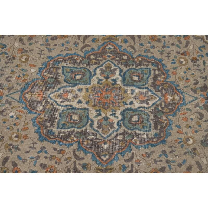 Distressed Tabriz Vintage Persian Rug Handmade Beige Wool Carpet - 6'5" x 9'3"