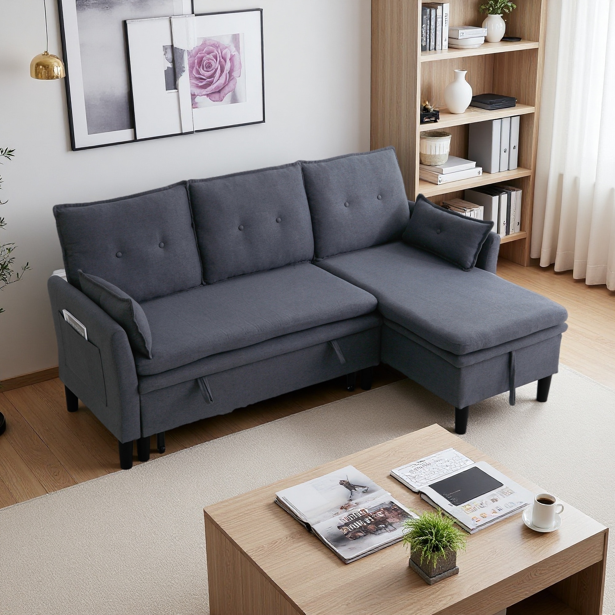 78.4" Cotton Linen Reversible Sectional Sofa with Chaise & Storage