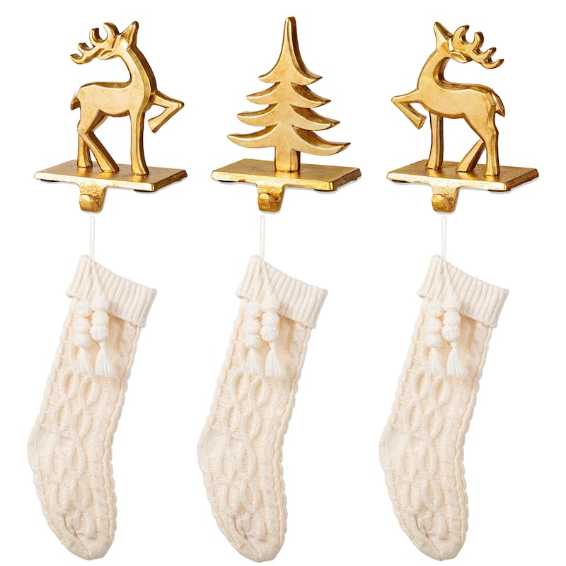 Glitzhome Resin Christmas Tree and Reindeer Stocking Holder with Stocking - 6PK White Stocking & Stocking holders