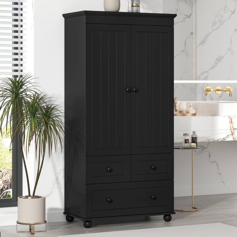 Versatile Freestanding Vertical Stripe Storage Cabinet with Cnclosed 2 Doors Cabinet, 3 Drawers and Adjustable Shelf