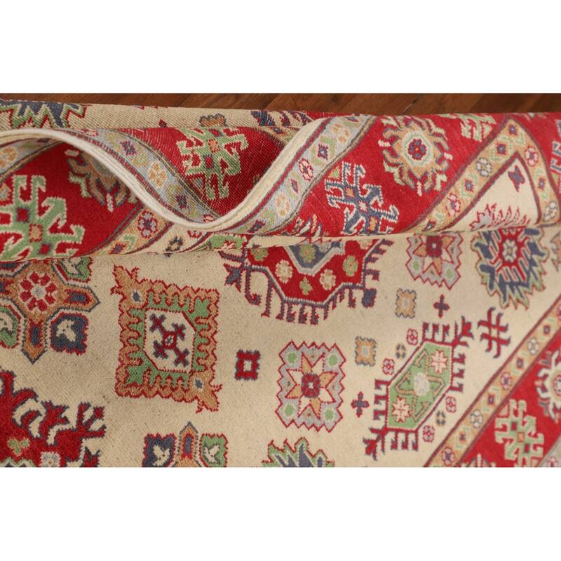 Geometric Kazak Oriental Area Rug Hand-Knotted Living Room Wool Carpet - 4'10" x 6'4"