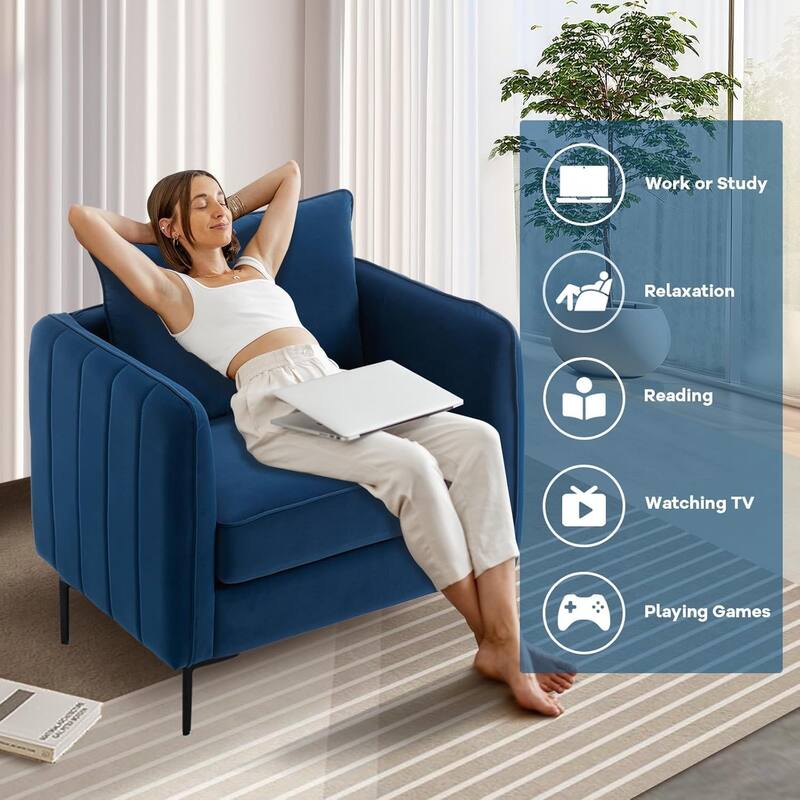 Velvet Accent Chair for Living Room, Mid Century Modern Single Sofa Chair with Pillow and Metal Legs