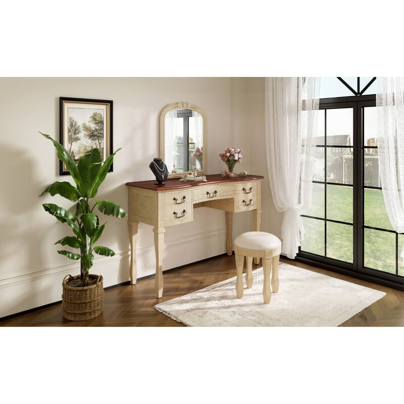 Roomfitters 46" Makeup Vanity with Mirror and Stool, French Country Dressing Table Desk with 5 Drawers, Brown+Antique White