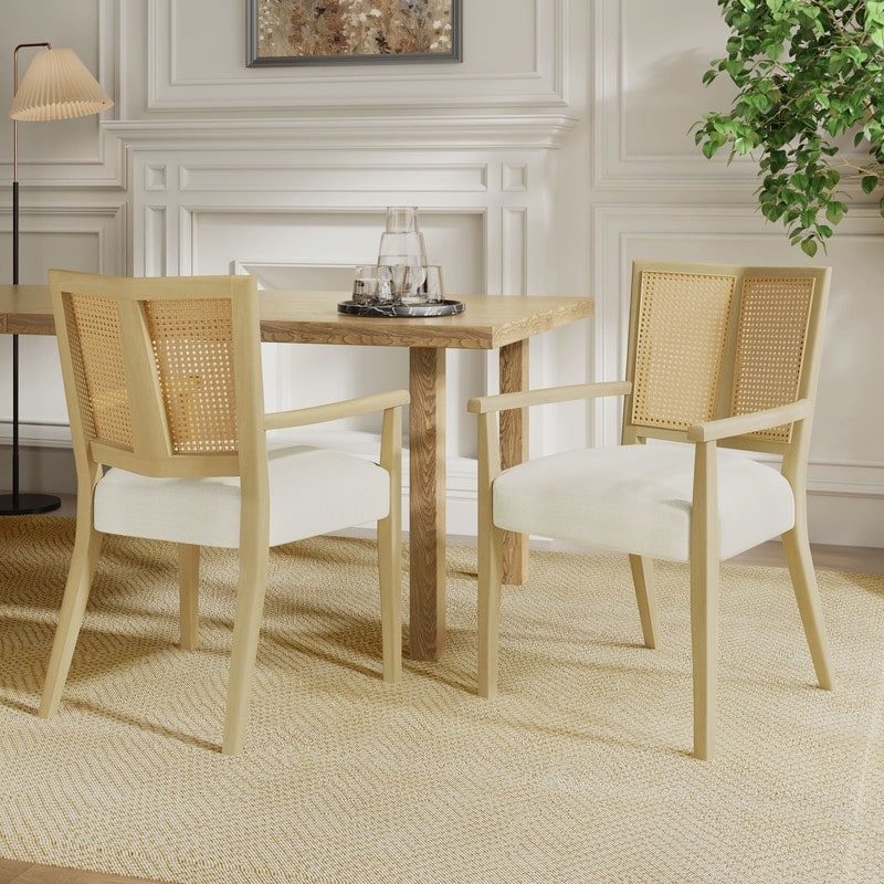 Wooden Dining Chairs Set of 2 Modern Fabric Upholstered Kitchen Chairs - Natural